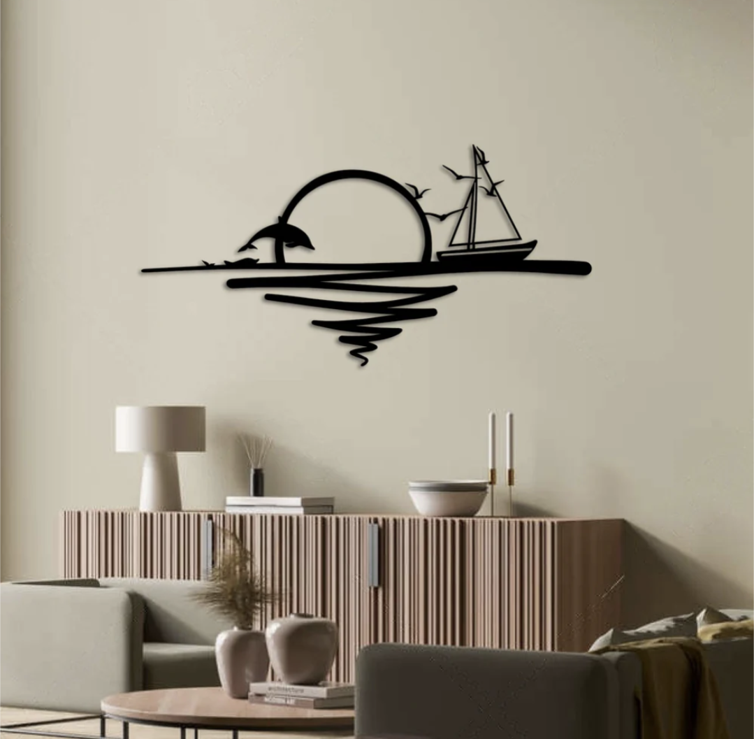 Décoration murale Soleil levant avec voilier, oiseaux et dauphin en métal