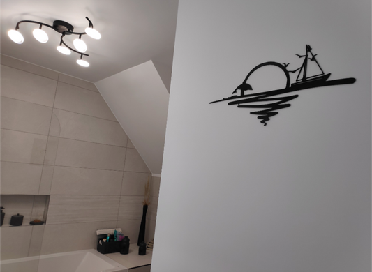 Décoration murale Soleil levant avec voilier, oiseaux et dauphin en métal